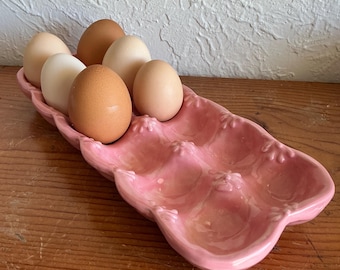 Hand Painted Ceramic Egg Holder Crate: Pink glazed Pottery Plate, Holds 12 Eggs of various sizes