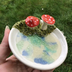 Wheel thrown, hand sculpted and hand painted ceramic pottery stoneware ring trinket dish bowl with mushrooms, moss and crackle glass image 7
