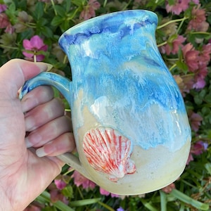 Ready To Ship Wheel thrown and hand painted ceramic pottery mug or cup for tea or coffee.  Ocean and beach with seashell