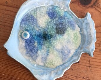 Wheel thrown, hand sculpted, hand painted ceramic pottery blue fish plate dish holder with crackle glass