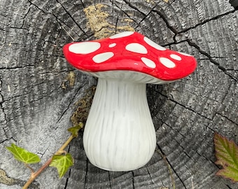 Slip cast and hand painted ceramic pottery stoneware mushroom figurine. indoor outdoor garden decor.  5 inch. Red and white with dots