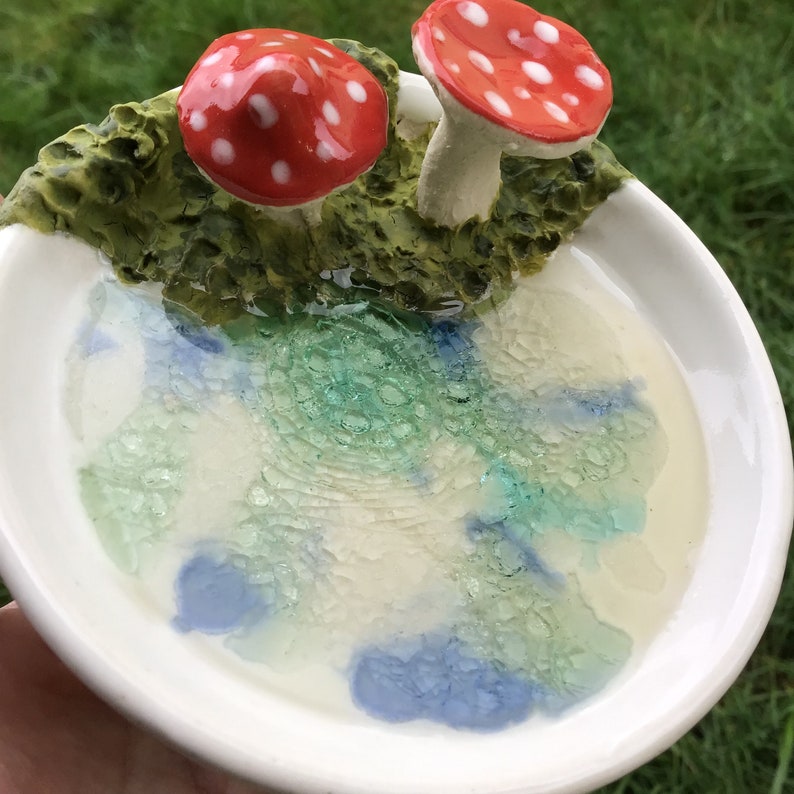 Wheel thrown, hand sculpted and hand painted ceramic pottery stoneware ring trinket dish bowl with mushrooms, moss and crackle glass image 5