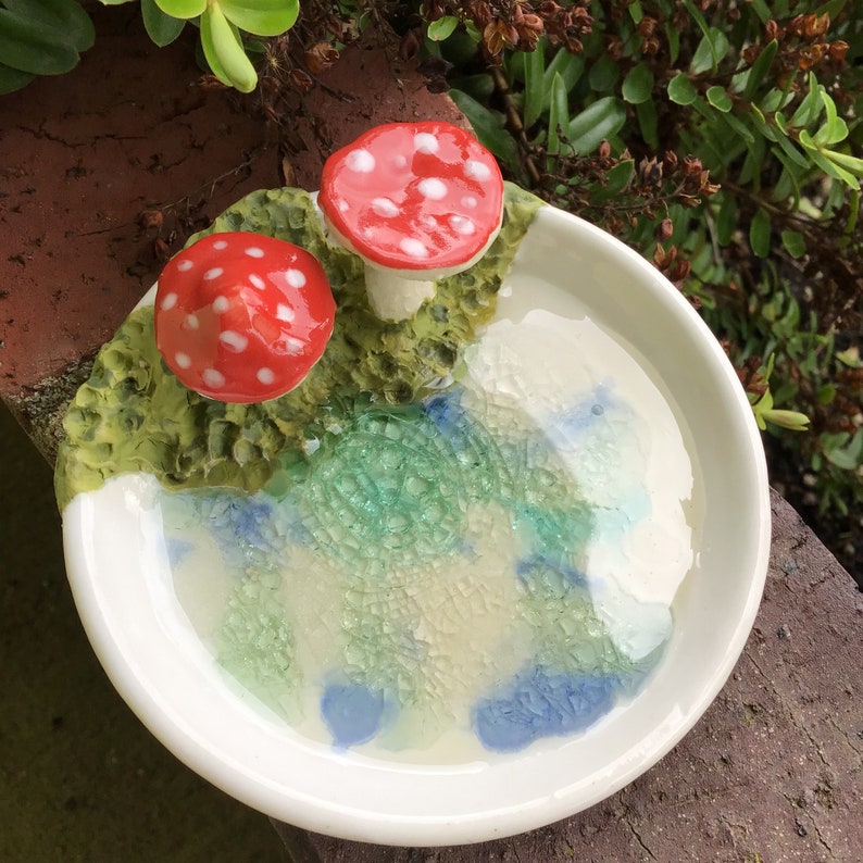 Wheel thrown, hand sculpted and hand painted ceramic pottery stoneware ring trinket dish bowl with mushrooms, moss and crackle glass image 4