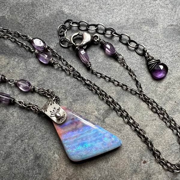 OOAK Stunning AAA Australian Boulder Opal Bohostyle Necklace,  Blue Purple Gemstone Pendant, October Birthstone