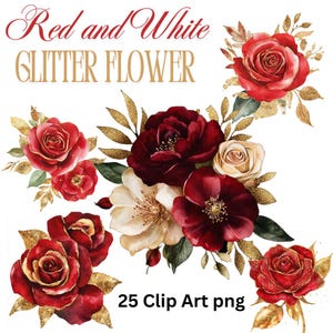 Rot und Gold Glitzer Blumenstrauß / Clip Art Aquarell Blumenstrauß / Rot und Gold Rose Bündel / Muttertagsgeschenk