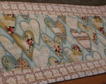 Pink Vines Valentine Blue Hearts  25 X 12 1/2 New Handmade Table  Runner Topper