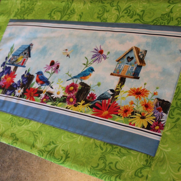 Green Yellow Bluebird Birdhouses Floral 12 X 21 Table  Runner Topper