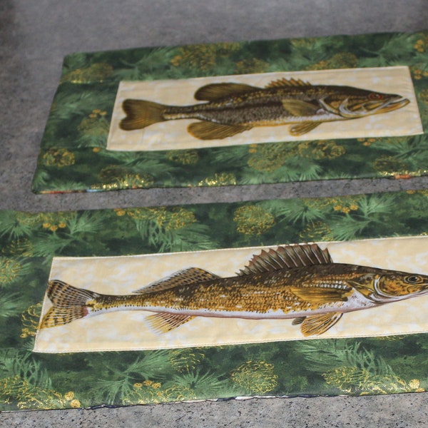 2 Fish Bass Walleye New Handmade  Each Approx. 8 X 14 Mini Table Runner Topper