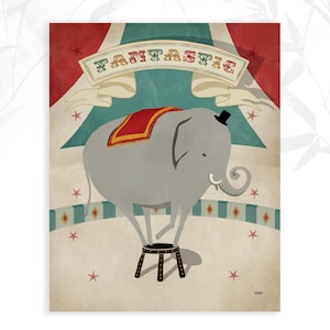 Folk Circus Art Print-Nursery Art Prints-Elephant Art-Vintage Style-Hand-drawn Art, Colorful Circus Wall Art, Whimsical, Baby Room Art