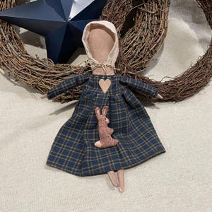 Primitive Doll-Hand-Made Prim Doll-Light Grunge-Americana Folk Art Prairie Doll- Pleated Navy Plaid Dress and Pet Bunny