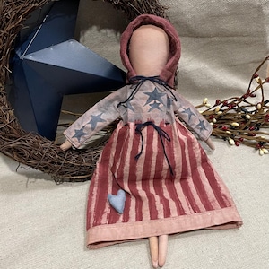 Primitive Doll-Patriotic Hand-made Prim Doll-Light Grunge-Americana Folk Art Prairie Doll-Stars and Stripes Dress