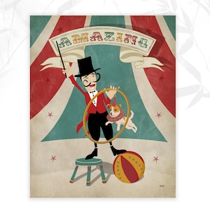 Folk Circus Art Print-Nursery Art Prints-Ringmaster Art-Vintage Style-Hand-drawn Art, Colorful Circus Wall Art, Whimsical, Baby Room Art