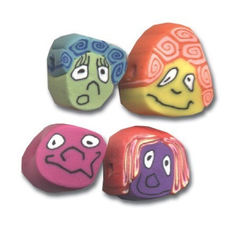 May include: Four colorful clay beads with different facial expressions. Each bead has a unique hairstyle and features a different color scheme.
