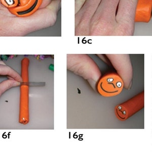 May include: A step-by-step guide on how to make a clay smiley face. The image shows the process of shaping, cutting, and adding details to the clay.