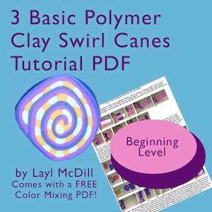 May include: A tutorial PDF for making 3 basic polymer clay swirl canes. The PDF includes step-by-step instructions and a free color mixing PDF. The image shows a colorful swirl cane and a close-up of the tutorial PDF.
