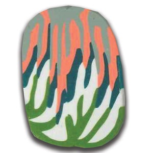 May include: A white oval-shaped ceramic tile with a green, blue and orange abstract design. The design resembles a stylised leaf with a dripping effect.