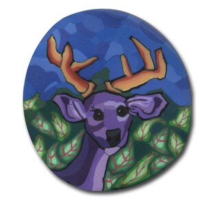 May include: A purple deer with orange antlers stands in a field of green leaves with red veins. The deer has large, dark eyes and a small, black nose. The background is a blue sky with white clouds.
