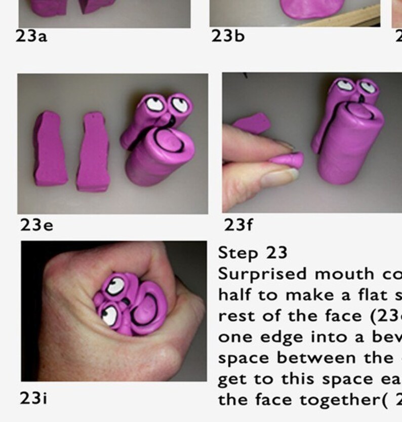 May include: A step-by-step guide on how to make a surprised mouth for a polymer clay sculpture. The image shows the process of shaping the clay into a mouth shape, with the final image showing the completed mouth.