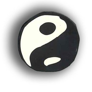 Pode incluir: Um símbolo yin yang preto e branco, um desenho circular com duas metades, uma preta e uma branca, cada uma contendo um círculo menor da cor oposta.
