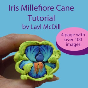 May include: A close-up of a polymer clay iris millefiori cane. The cane is held in a hand and features blue, orange, and green colors. The text "Iris Millefiori Cane Tutorial by Layl McDill" is at the top. A pink oval says "4 page with over 100 images."