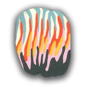 May include: A colourful abstract design with a pink, yellow, orange, and blue background. The design features black shapes that resemble flames or trees.