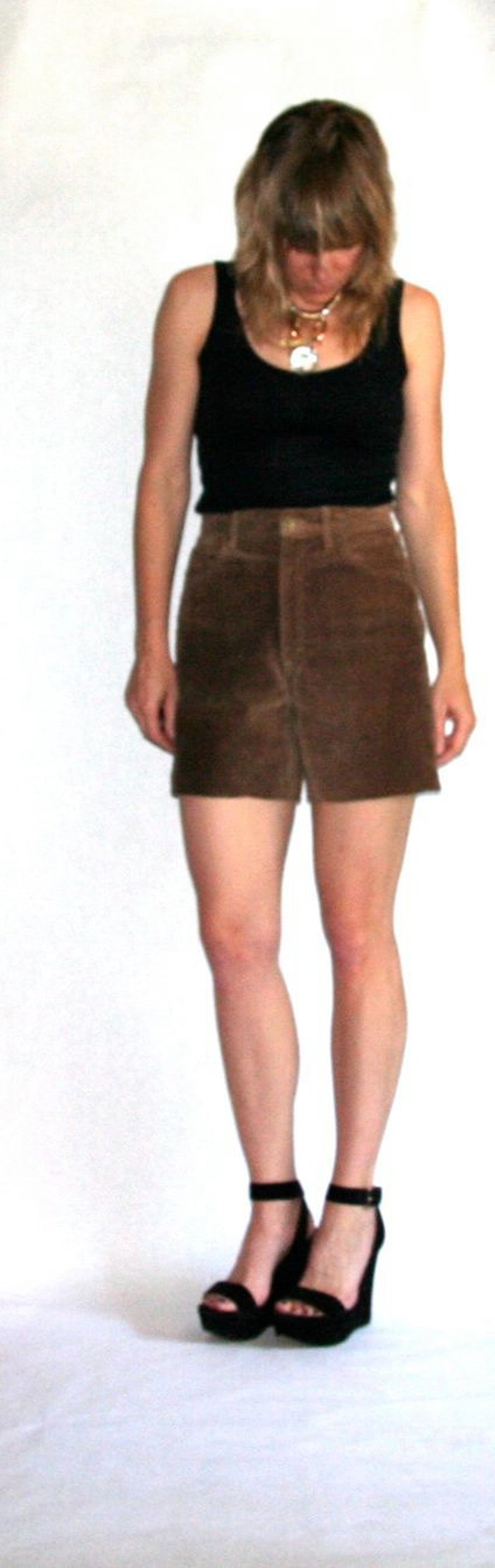 Vintage Upcycled Brown Suede Jean Shorts Size 29 Waist image 2