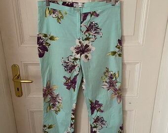 90‘s Floral Turquoise Cotton Straight Leg Trousers- Size 36“ Waist