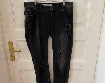 Upcycled Black Bleached Out & Ripped Skinny Jeans- Size 28 US