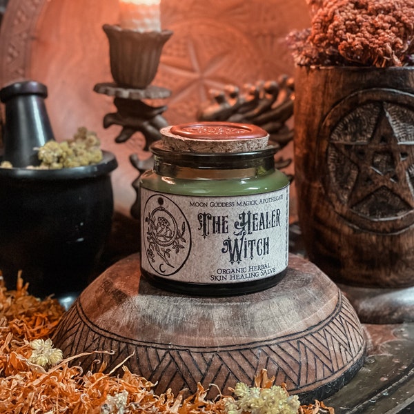 The Healer Witch Salve ~ Organic Herbal Skin Healing Salve for Sensitive Skin~ 3.4oz Glass Apothecary Jar with Cork ~ All Natural Skin Care