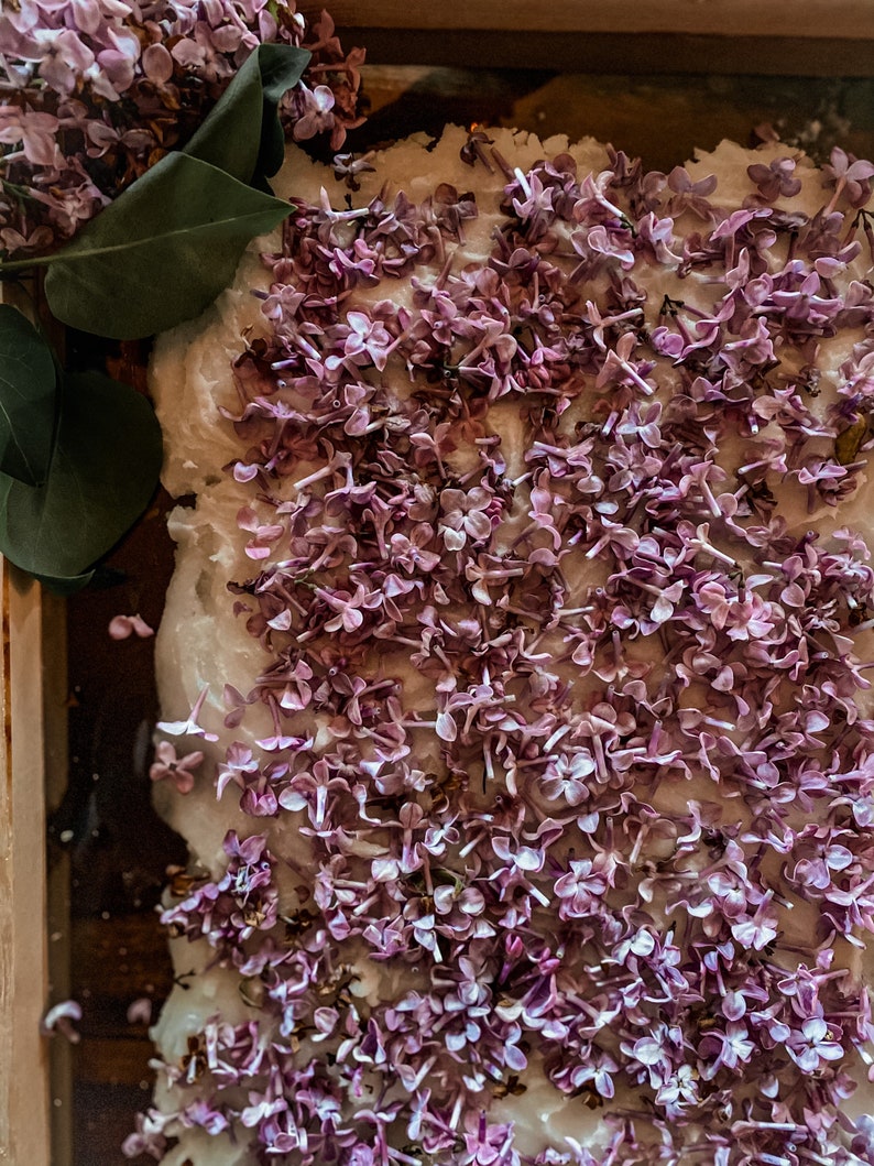 May include: A close-up of a white surface covered in small, light purple lilac blossoms.