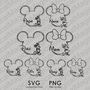 May include: Black and white line art SVG cut files of Mickey Mouse heads with different names inside each head. The names are "Papa", "Nana", "Dad", "Mom", "Bro", "Sis", "Baby", and "Baby".