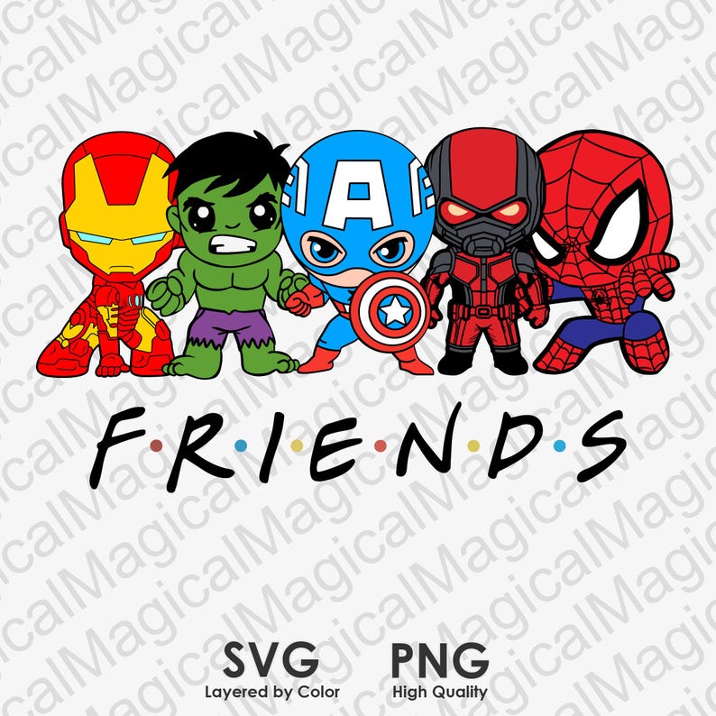 K&ouml;nnte beinhalten: Eine digitale Illustration von f&uuml;nf Comic-Superhelden, die zusammen stehen. Die Superhelden sind Iron Man, Hulk, Captain America, Ant-Man und Spiderman. Die Figuren sind im Chibi-Stil gehalten und l&auml;cheln. Der Text "FRIENDS" steht unter den Figuren.