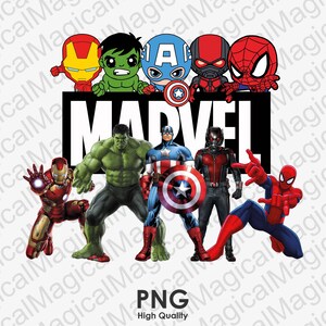May include: A black and white image of the Marvel logo with various Marvel characters. The characters include Iron Man, Hulk, Captain America, Ant-Man, and Spider-Man. The characters are in a cartoon style and are standing in front of the Marvel logo.