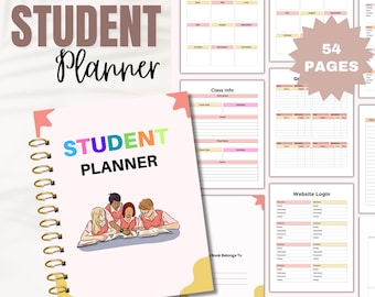 Op de afbeelding: Een roze en gele studentenplanner met een spiraalbinding. De omslag heeft een illustratie van vier studenten die samen studeren. De planner bevat secties voor klasverjaardagen, klasinformatie, website-inloggen, cijfertracker en yogasequentie. De tekst "STUDENT PLANNER" staat in regenboogkleuren op de omslag.