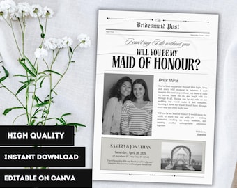 Bridesmaid Proposal Newspaper Template | Maid of Honor Card | Will You Be My Matron of Honor | Wedding Proposal pdf | Maid of Honor Proposal