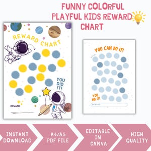 May include: A printable space-themed reward chart for kids. The chart features an astronaut, planets, and stars. It has a title that says "Reward Chart" and a section for a reward. The chart is editable in Canva and comes in A4/A5 PDF format.