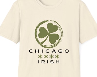 Chicago Irish, uniseks softstyle-T-shirt met klaver en Chicago Flag-sterren