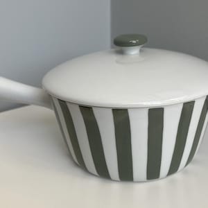 Lungby porcelain denmark mid century striped handled saucepan with lid - RARE