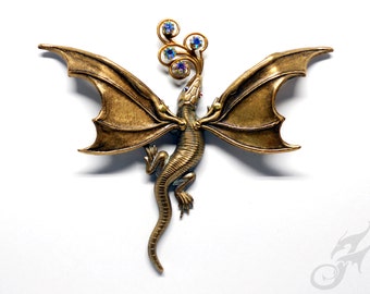DRAGON PIN Antique Gold w/ Blue AB Rhinestones, 2 Posts, Fantasy, Victorian Steampunk, Game of Thrones, Tack Pin, Purse Hat Lapel, #Pin0116