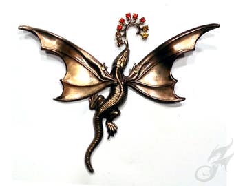 DRAGON PIN Antique Gold w/ Rhinestones, Fantasy, Art Nouveau, Victorian Steampunk, Game of Thrones, Tack Pin, Purse Hat Lapel, Brass Pin0117
