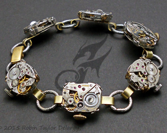 Steampunk Bracelet Ladies Wrist Watch Movements on Handmade Brass Links