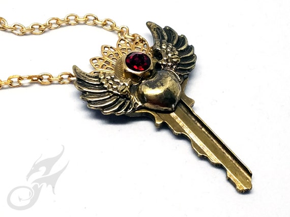 Steampunk Key Necklace W/ Winged Heart 