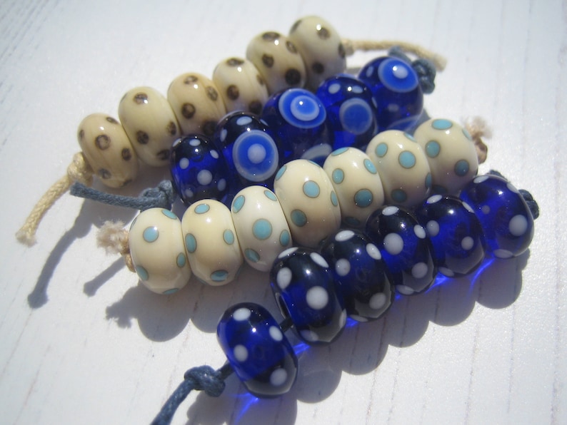 Bundle of 24 Blue and Ivory Lampwork Glass Beads UK Lampwork SRA UK Seller