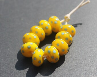 Yellow & Turquoise Polkas Lampwork Glass Beads,Handmade Glass Beads,  UK Lampwork, SRA, Jewelry Making Supplies, Jewellery Making