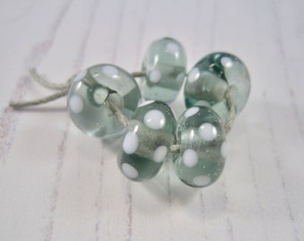Transparent Grey and White Polkas Lampwork Glass Beads, SRA, UK Lampwork