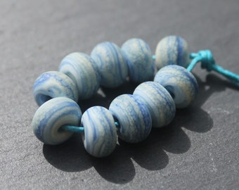 Frosted Medium Blue & Ivory Marbled Lampwork Spacer Beads, UK Lampwork, Handmade Glass Beads, Jewellery Making, Jewelery Making
