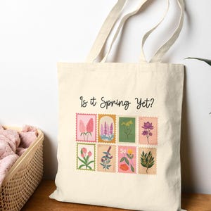 Spring-Themed Cotton Canvas Tote Bag, Eco-Friendly Shopping Bag, Floral Design, Gift for Plant Lovers, Reusable Tote, Mothers Day Gift