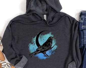 Witchy Crow Crop Top Mystical Black Crow Sweatshirt Woman's Festival Hoodie Goblincore Crop Shirt