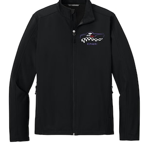 May include: Black zip-up jacket with a stand-up collar. The jacket features a small embroidered design on the chest, including a car silhouette, checkered flag, and the text "SS Chet". The jacket has two side pockets and a full-length zipper.