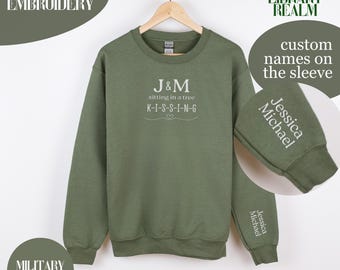 Custom Embroidery X&Y Sitting In The Tree Kissing Sweatshirt, Custom Names On The Sleeve, New Mommy, Gildan 18000 Sweatshirt